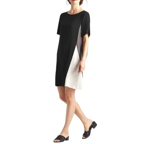 Eileen Fisher 100% Silk Georgette Color-Block Shift Pullover Dress ~ Size L/G - Picture 3 of 7